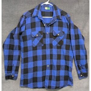 VTG Wear Guard Mens Size L Flannel Shirt Blue & Black Plaid Button Up Union Made